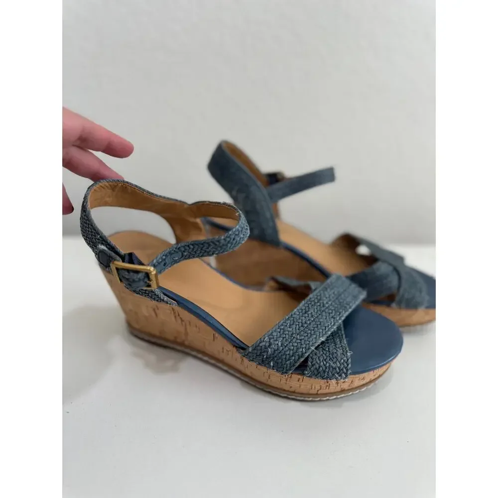 Franco Sarto Cara Espadrille Wedge Mary Jane Sandals Blue Woven 6.5M